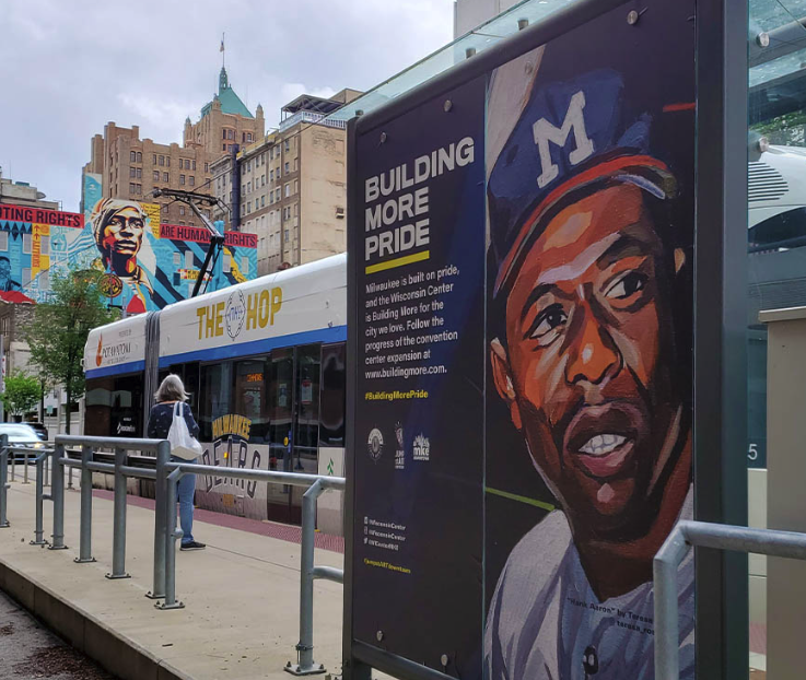 A mural of Hank Aaron on one of The Hop's streetcar station shelters.