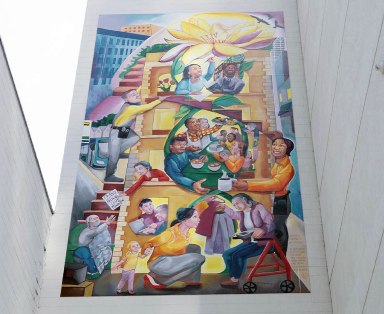 A full view of the colorful Grand Avenue Mural.