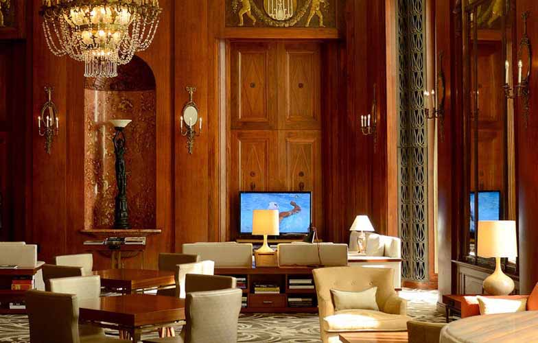 Wisconsin Center District The Hilton City Center lobby features wood paneled walls and lots of seating.