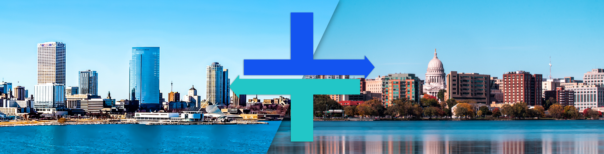 Split image of the Milwaukee and Madison skylines.