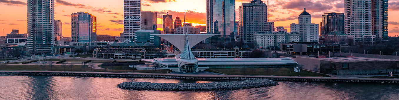 The Milwaukee skyline at sunset.
