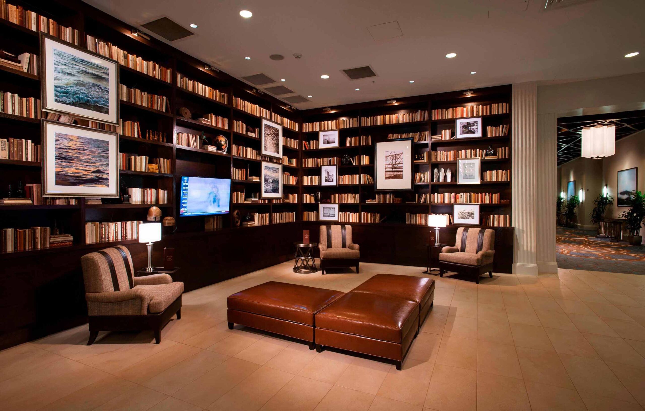 Two-Fifty Garage The Marriott lobby features floor to ceiling bookshelves.