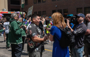 Artist Mauricio Ramirez being interviewed by a local TV station.