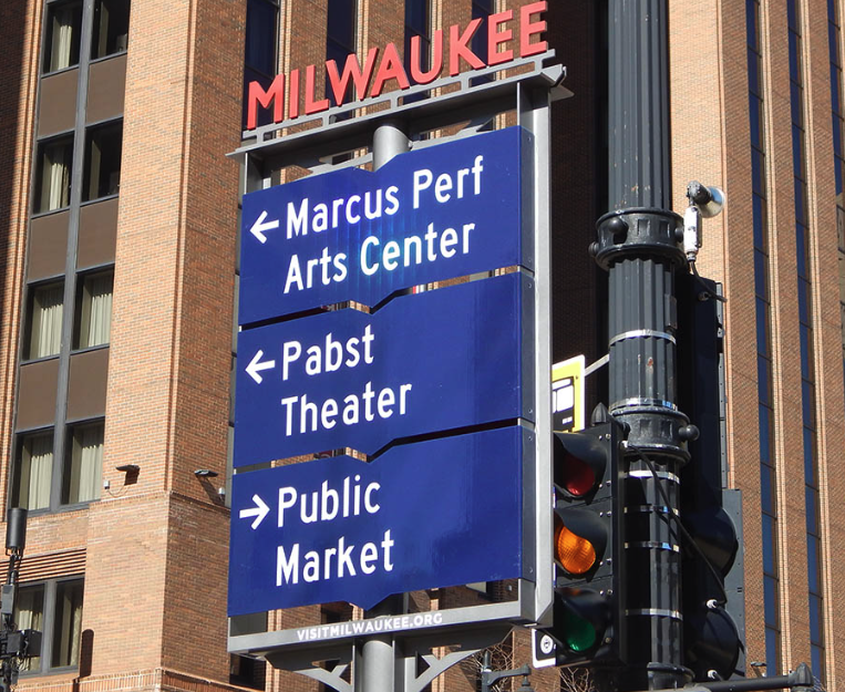 A new street pole sign in downtown Milwaukee.