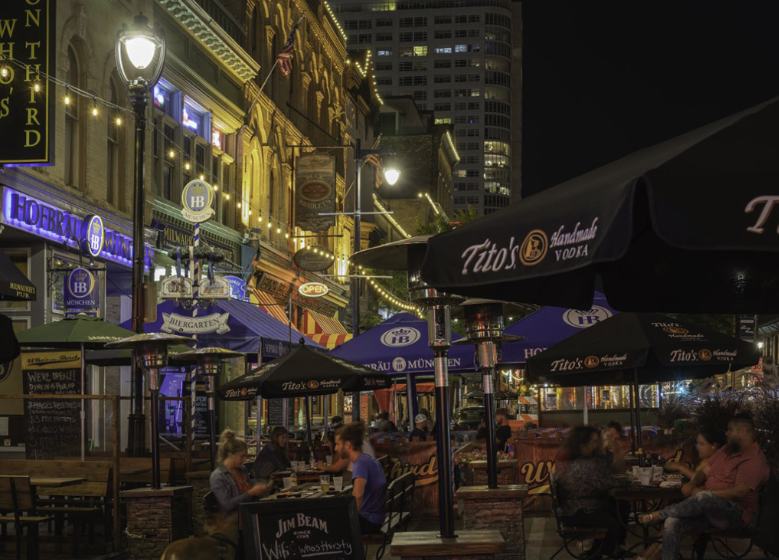 Old World Third Street Entertainment District People dining at Old World Third Street at night.