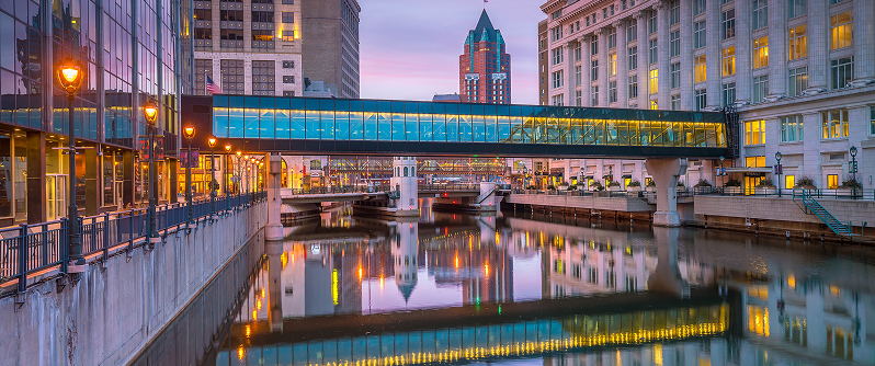 A skywalk over the river in Milwaukee, Wisconsin.