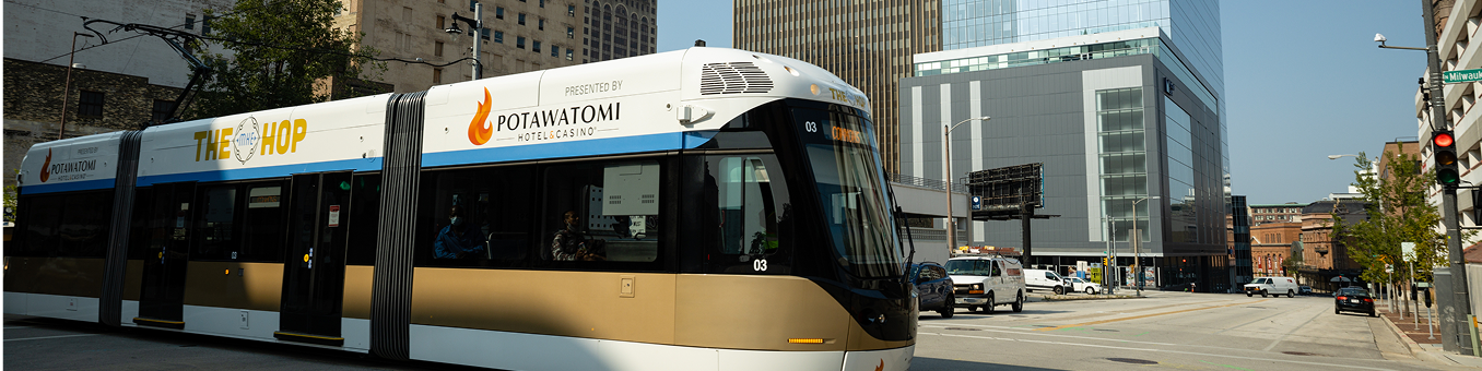 The Hop streetcar moving through an intersection.