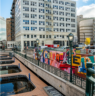 A mural along the river in downtown Milwaukee.