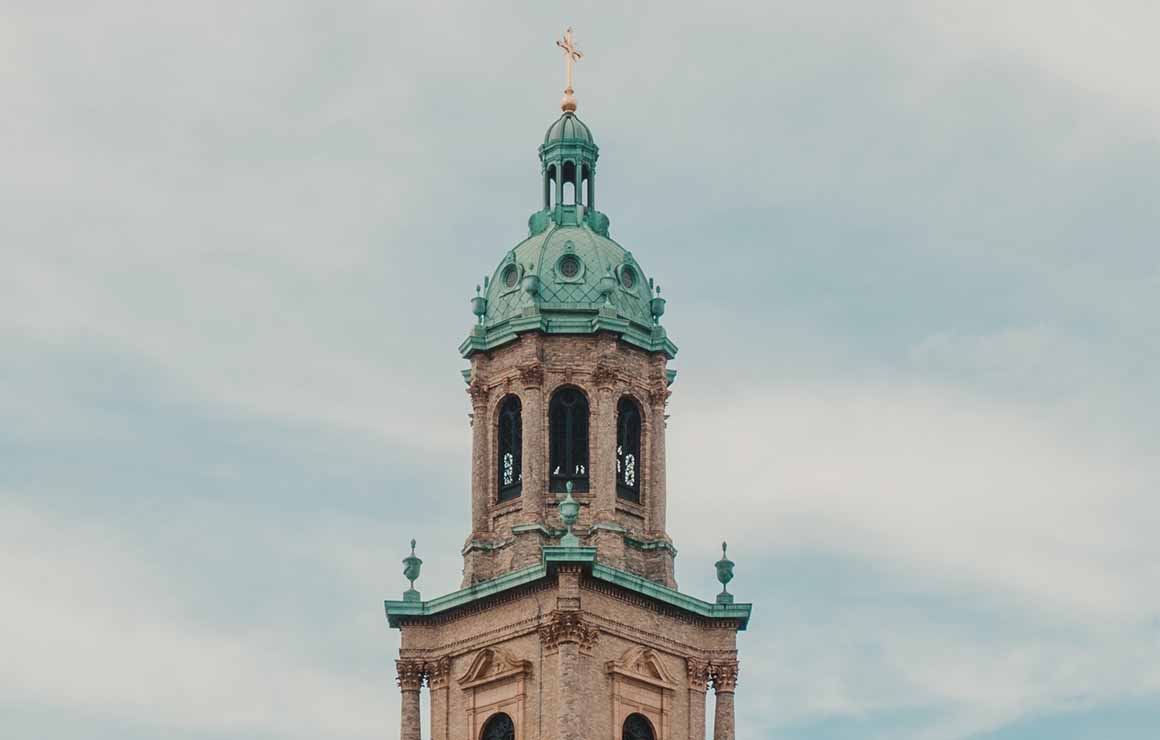 Locust and Oakland The top of St. John the Evangelist church.