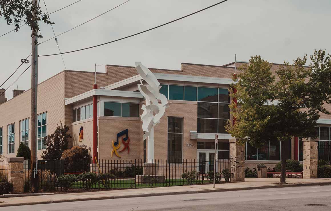 first-stage-childrens-theater-milwaukee-downtown The exterior of First Stage Children's Theater features a white sculpture.