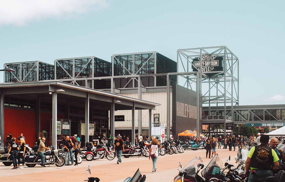 harley-davidson-museum-milwaukee-downtown Motorcycles parked in front of the Harley Davidson Museum.