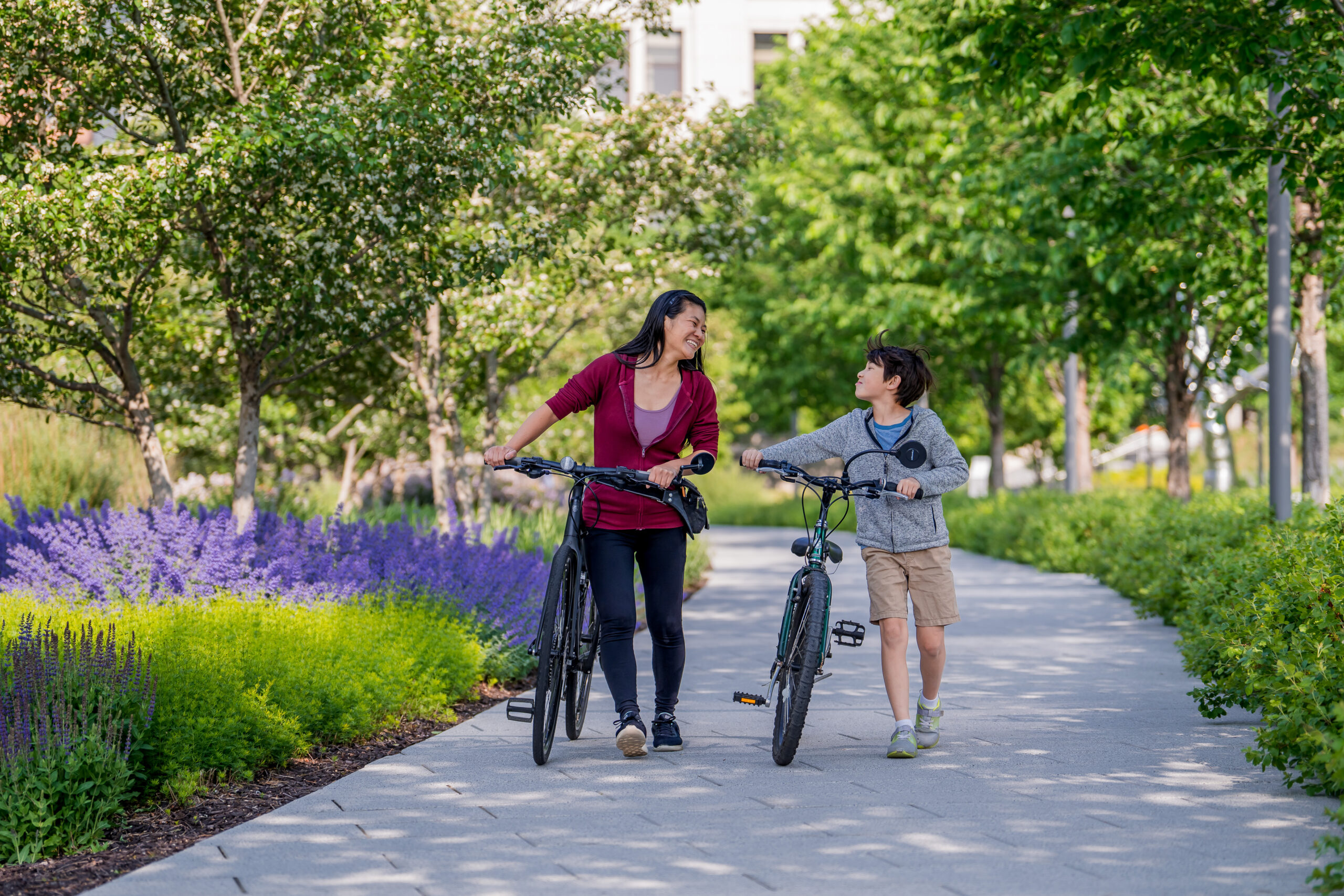 A mother and her son walk their bicycles along a path.
