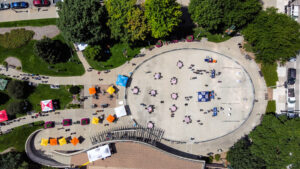 Aerial drown shot of Red Arrow Park.