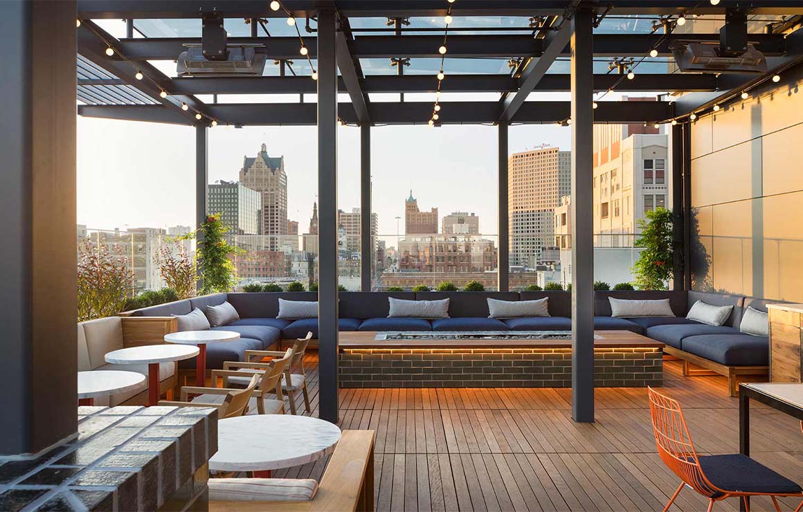 Plaza East structure The rooftop bar of the Kimpton features beautiful views of downtown Milwaukee.