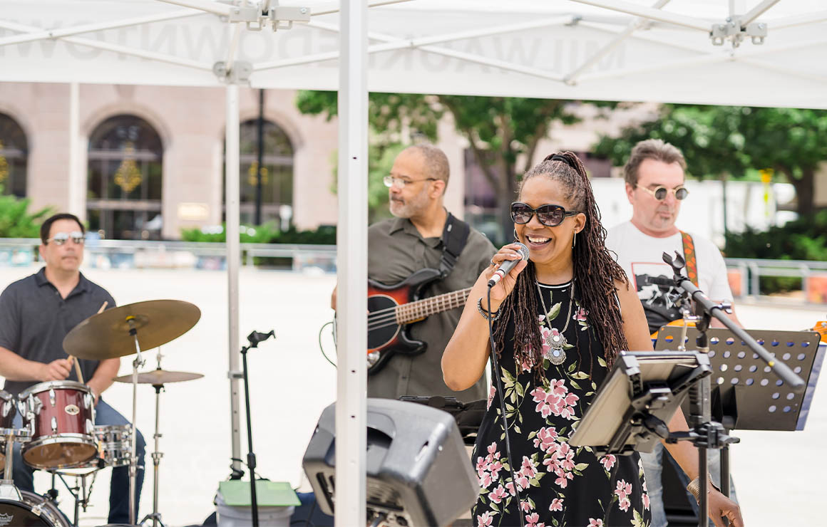 A band performs during a lunchtime concert.