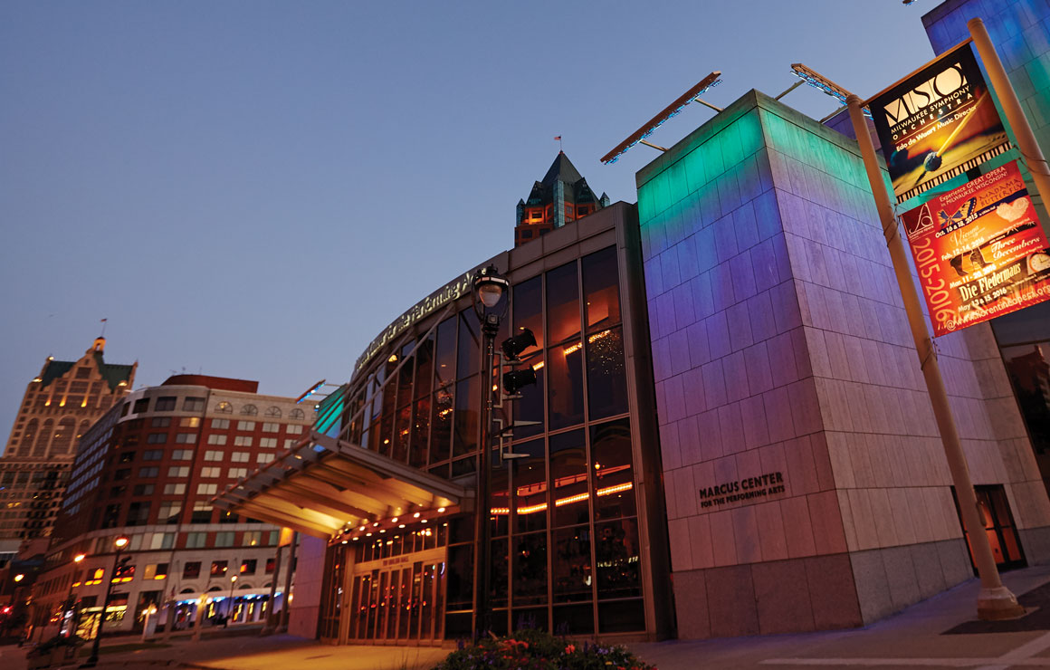 MKE_night_0 The Marcus Performing Arts Center lit up at night.