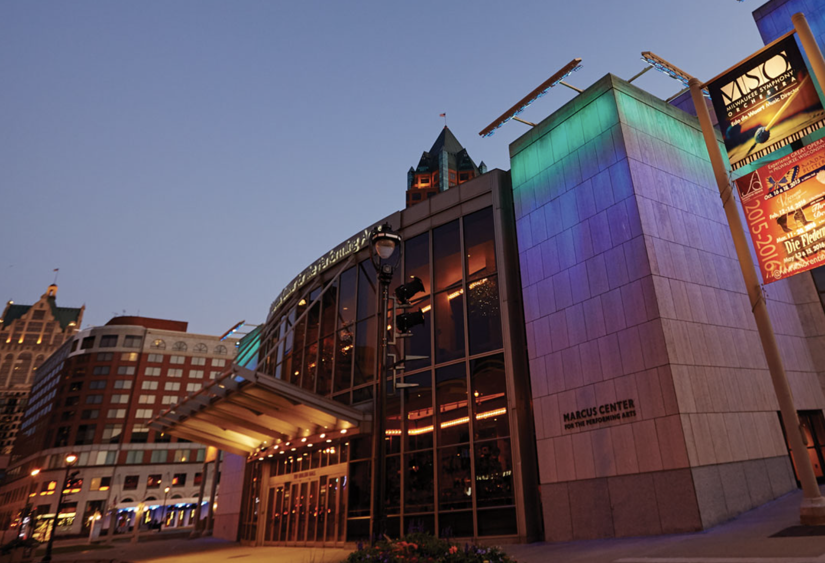 Marcus theater The Marcus Center for Performing Arts lit at night.
