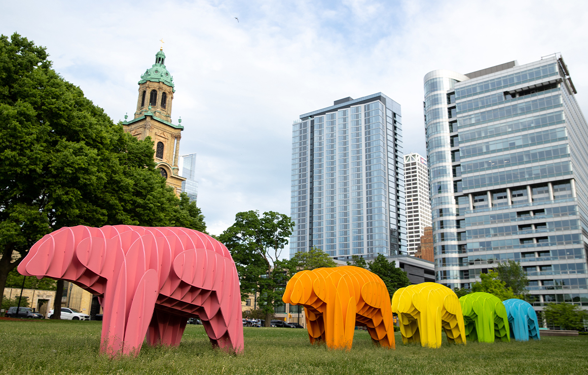 Massimals MKE Rainbow For Web_0 Rainbow animal sculptures in Cathedral Square Park.