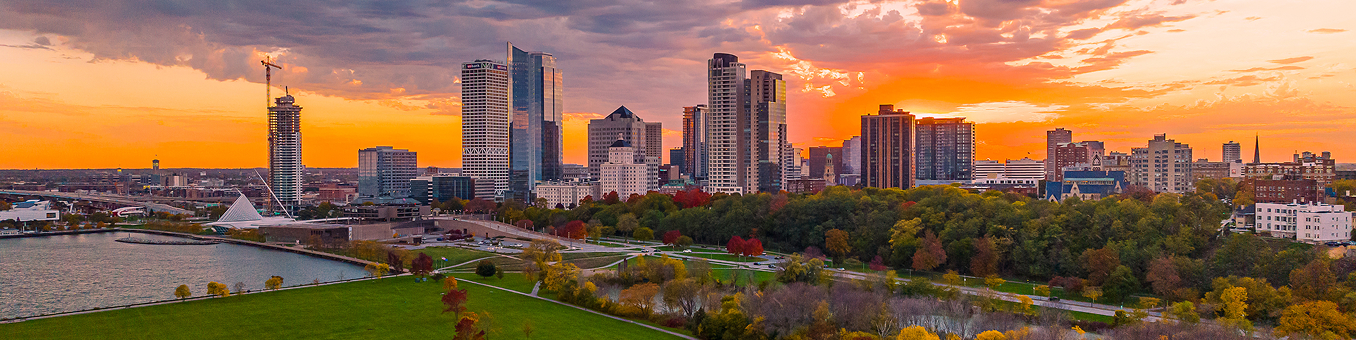 The Milwaukee skyline at sunset.