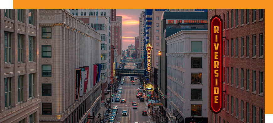 A look down Wisconsin Avenue, with the Riverside sign in view.