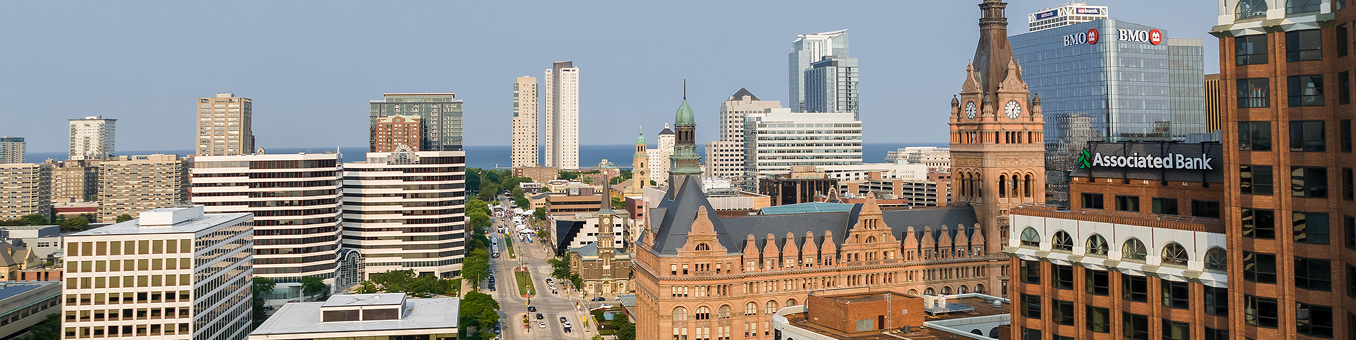 Downtown Milwaukee, looking out toward Lake Michigan.